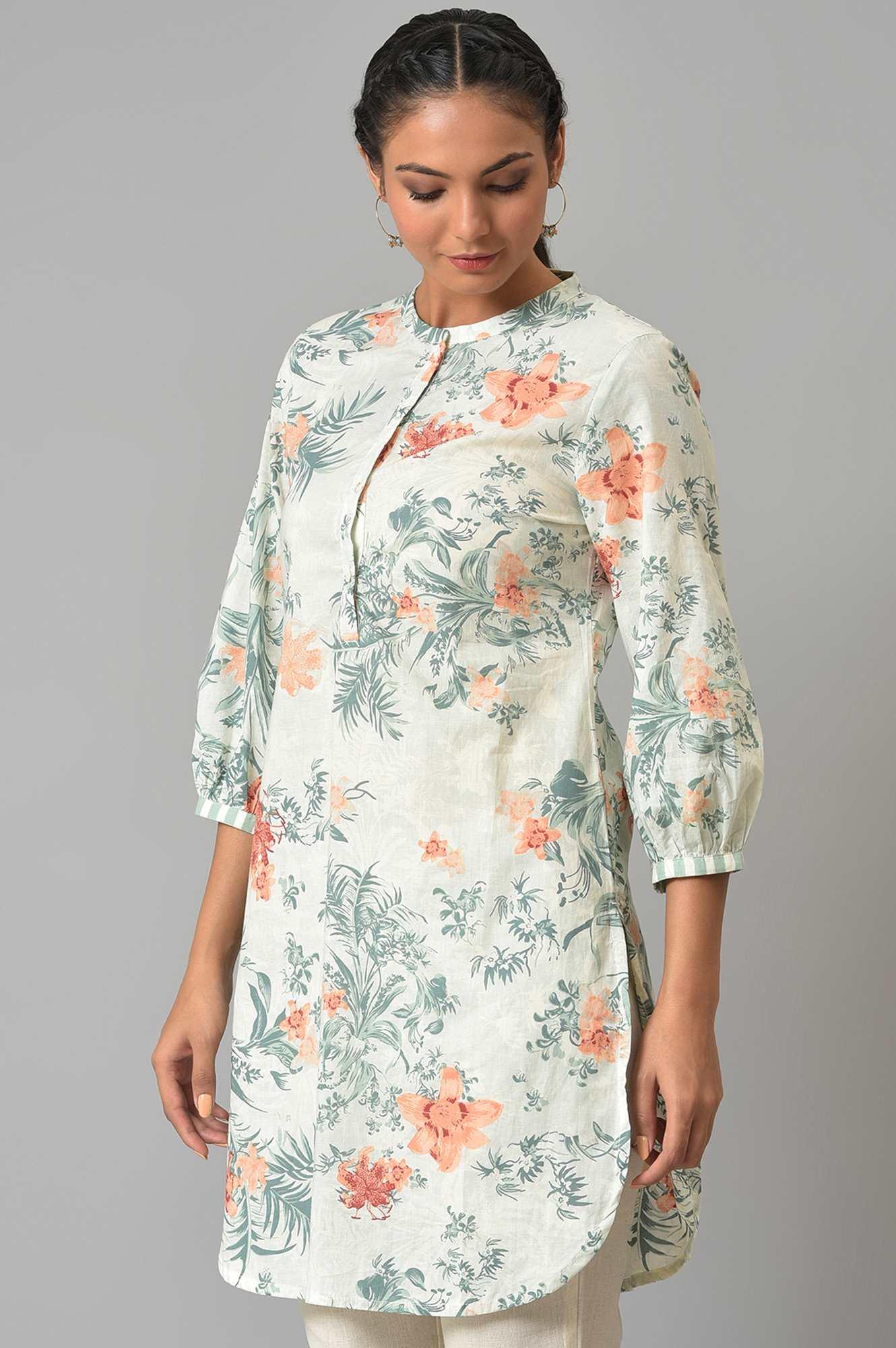 Soft Beige Floral Print kurta - wforwoman