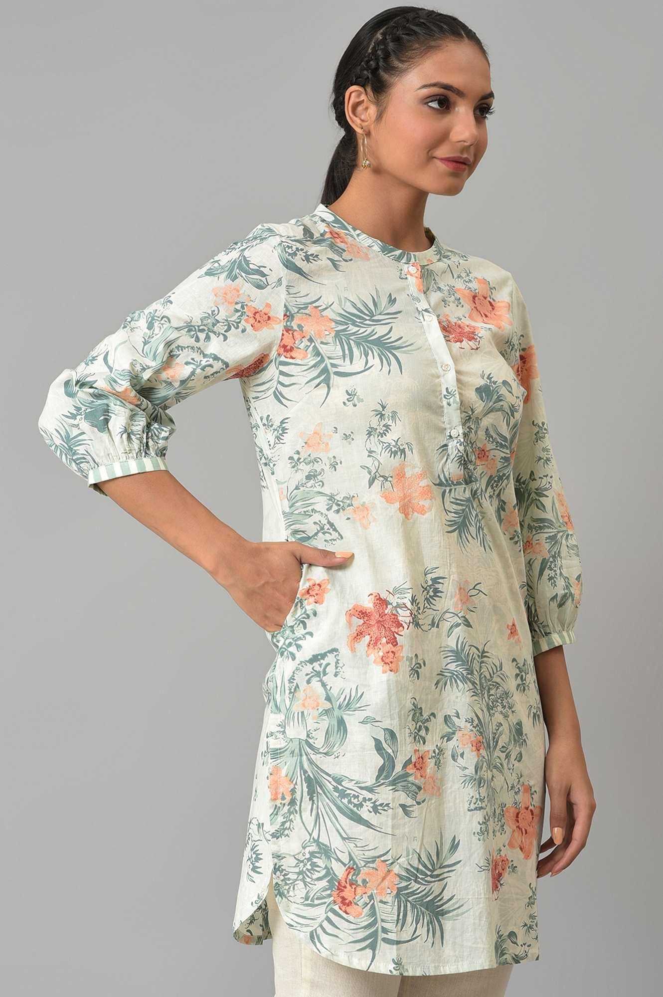 Soft Beige Floral Print kurta - wforwoman