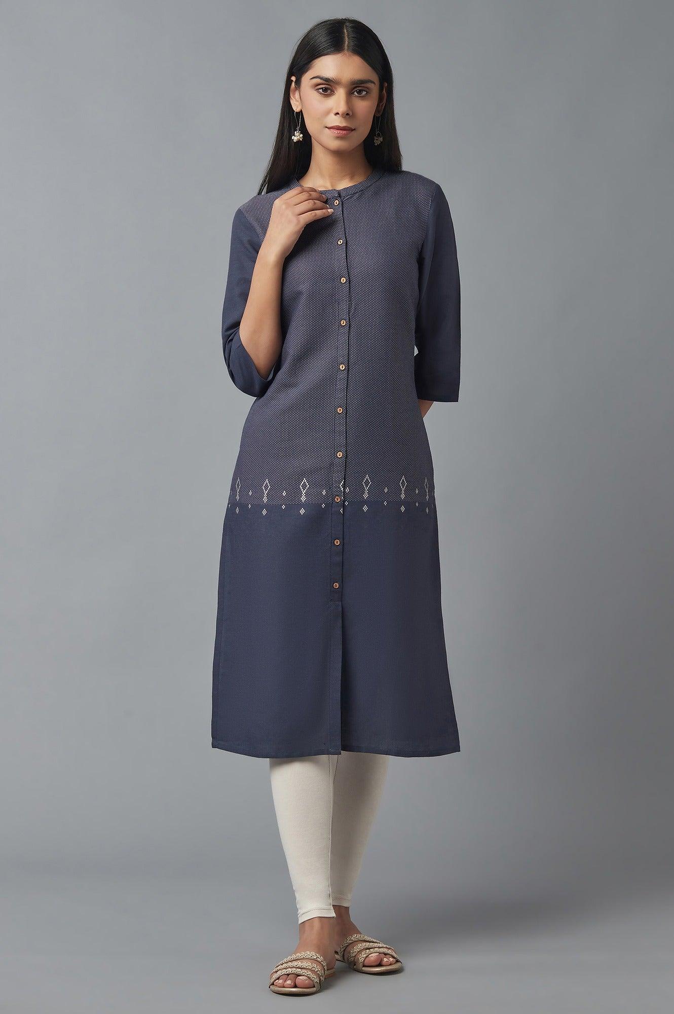 Navy Blue Yarn Dyed kurta - wforwoman