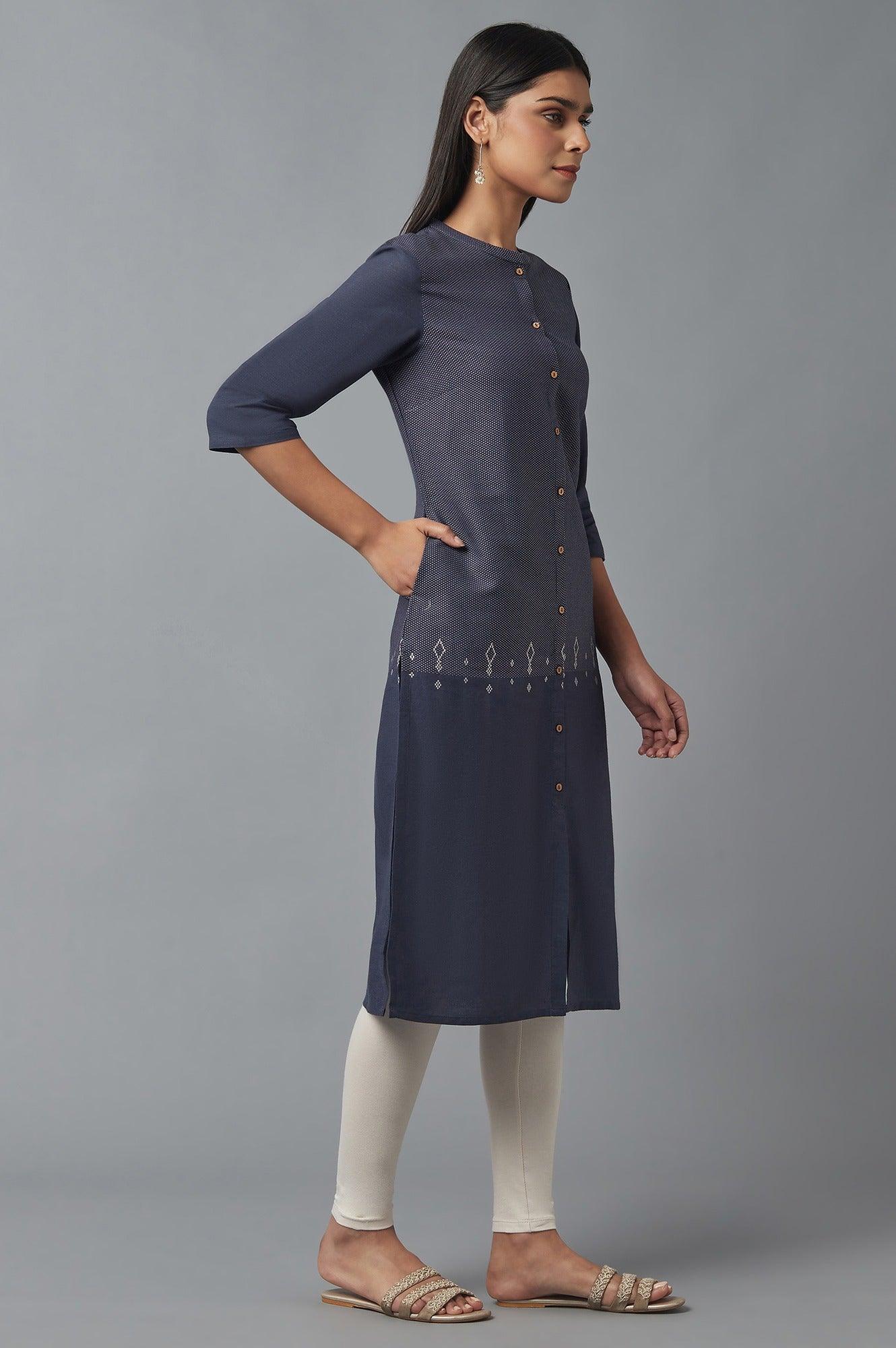 Navy Blue Yarn Dyed kurta - wforwoman