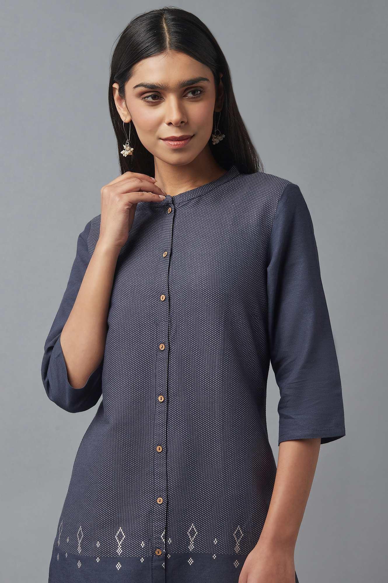 Navy Blue Yarn Dyed kurta - wforwoman
