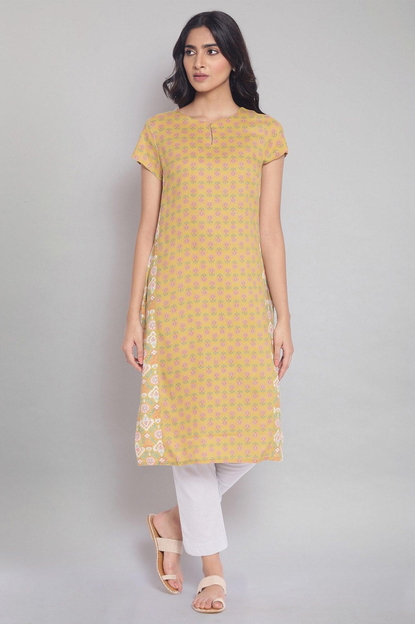 Dark Yellow Floral Print kurta - wforwoman