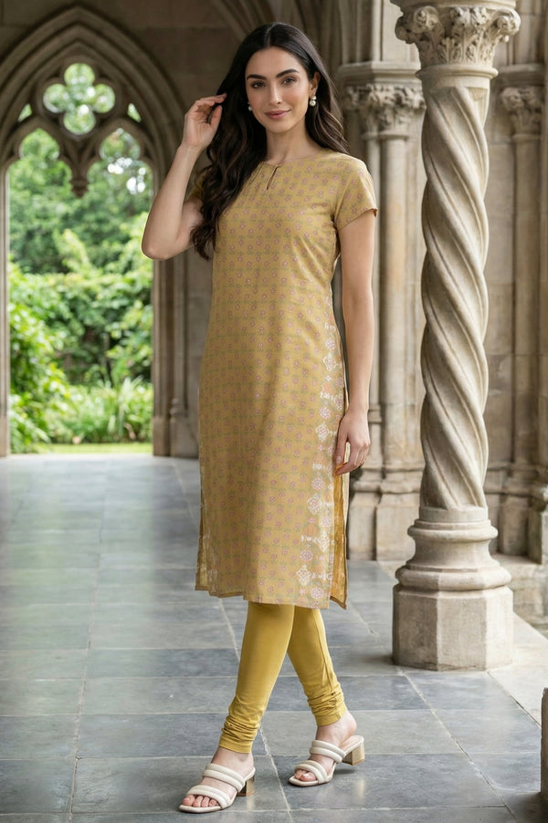 Yellow Floral Printed Short Sleeves Straight Rayon Kurta