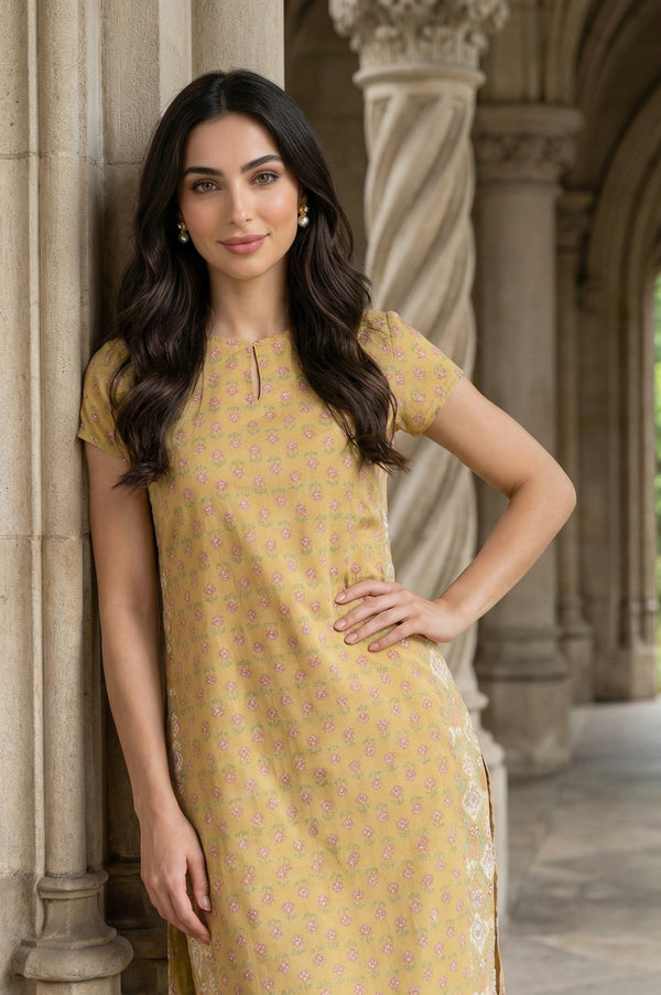Yellow Floral Printed Short Sleeves Straight Rayon Kurta