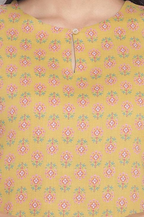 Yellow Floral Printed Short Sleeves Straight Rayon Kurta