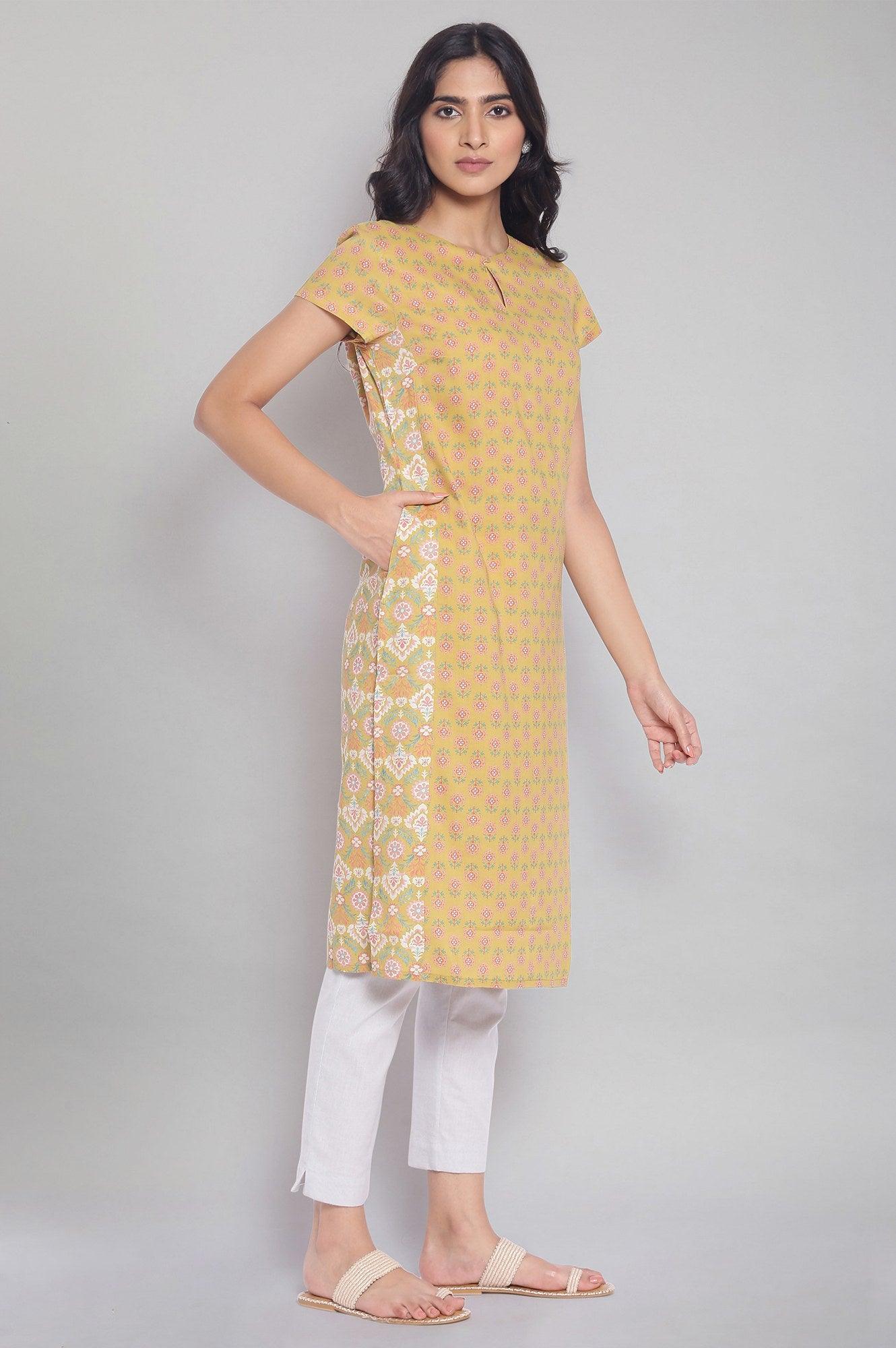 Dark Yellow Floral Print kurta - wforwoman
