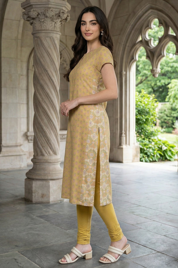 Yellow Floral Printed Short Sleeves Straight Rayon Kurta