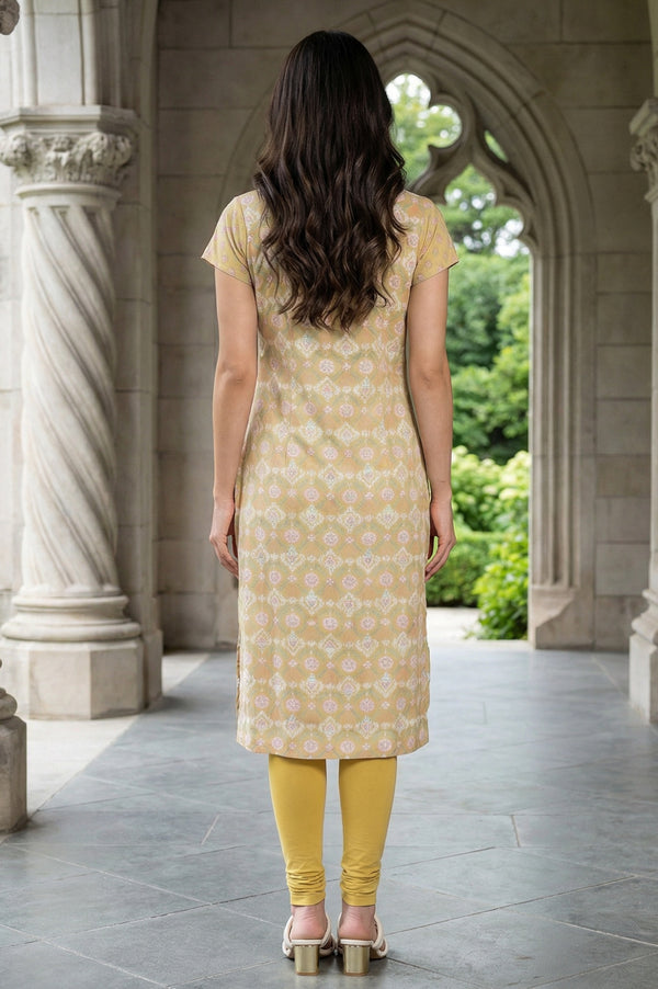 Yellow Floral Printed Short Sleeves Straight Rayon Kurta