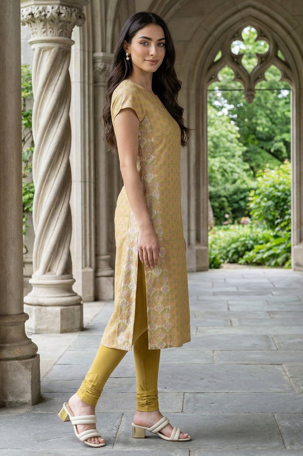 Yellow Floral Printed Short Sleeves Straight Rayon Kurta