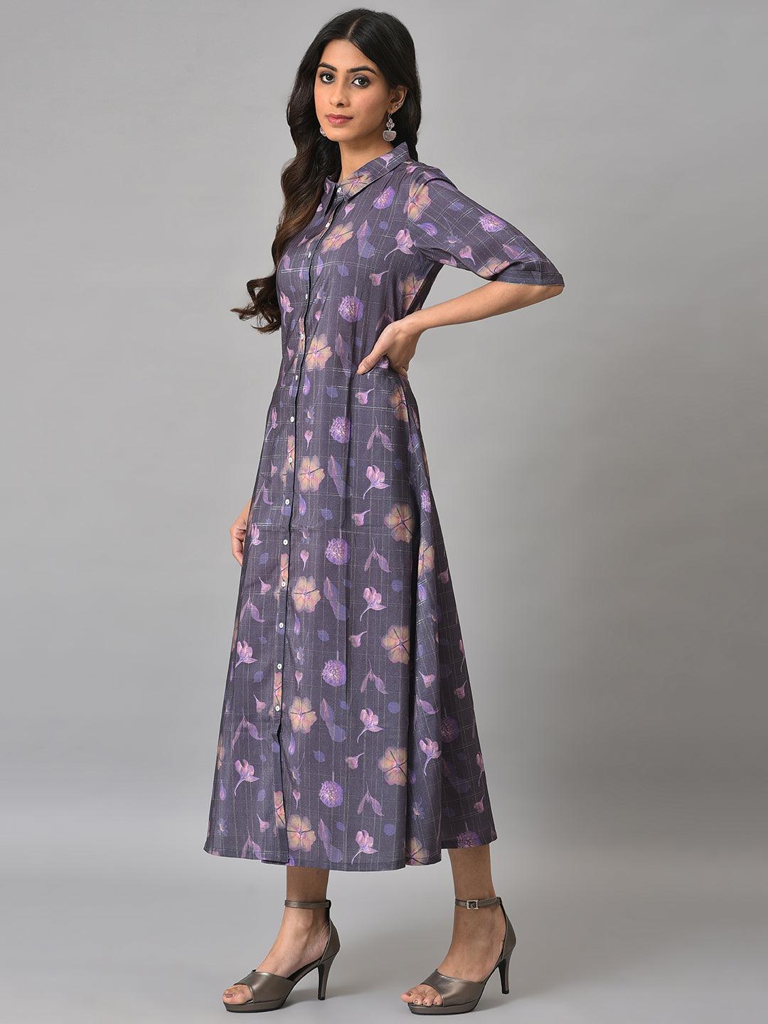 Purple Floral Printed Shirt Dress - wforwoman