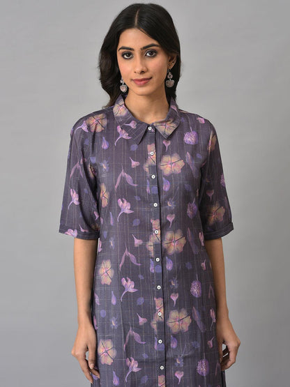 Purple Floral Printed Shirt Dress - wforwoman
