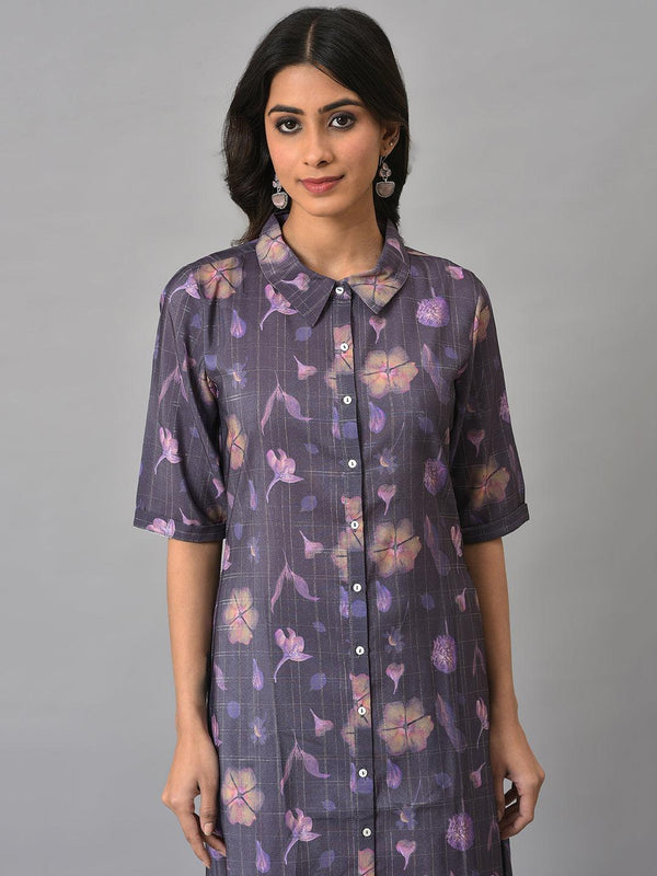 Purple Floral Printed Shirt Dress
