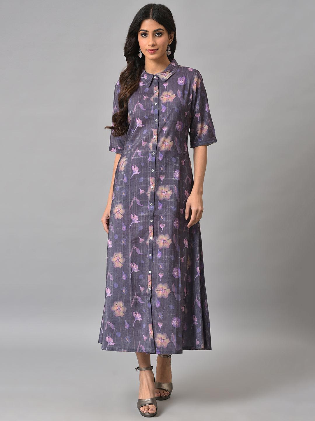 Purple Floral Printed Shirt Dress - wforwoman
