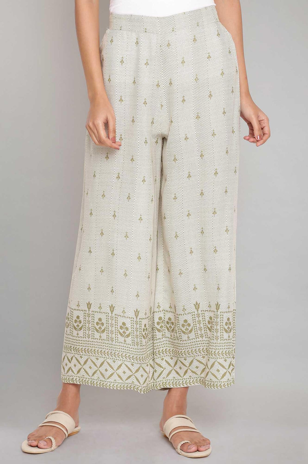 Ecru and Olive Printed Parallel Pants - XS