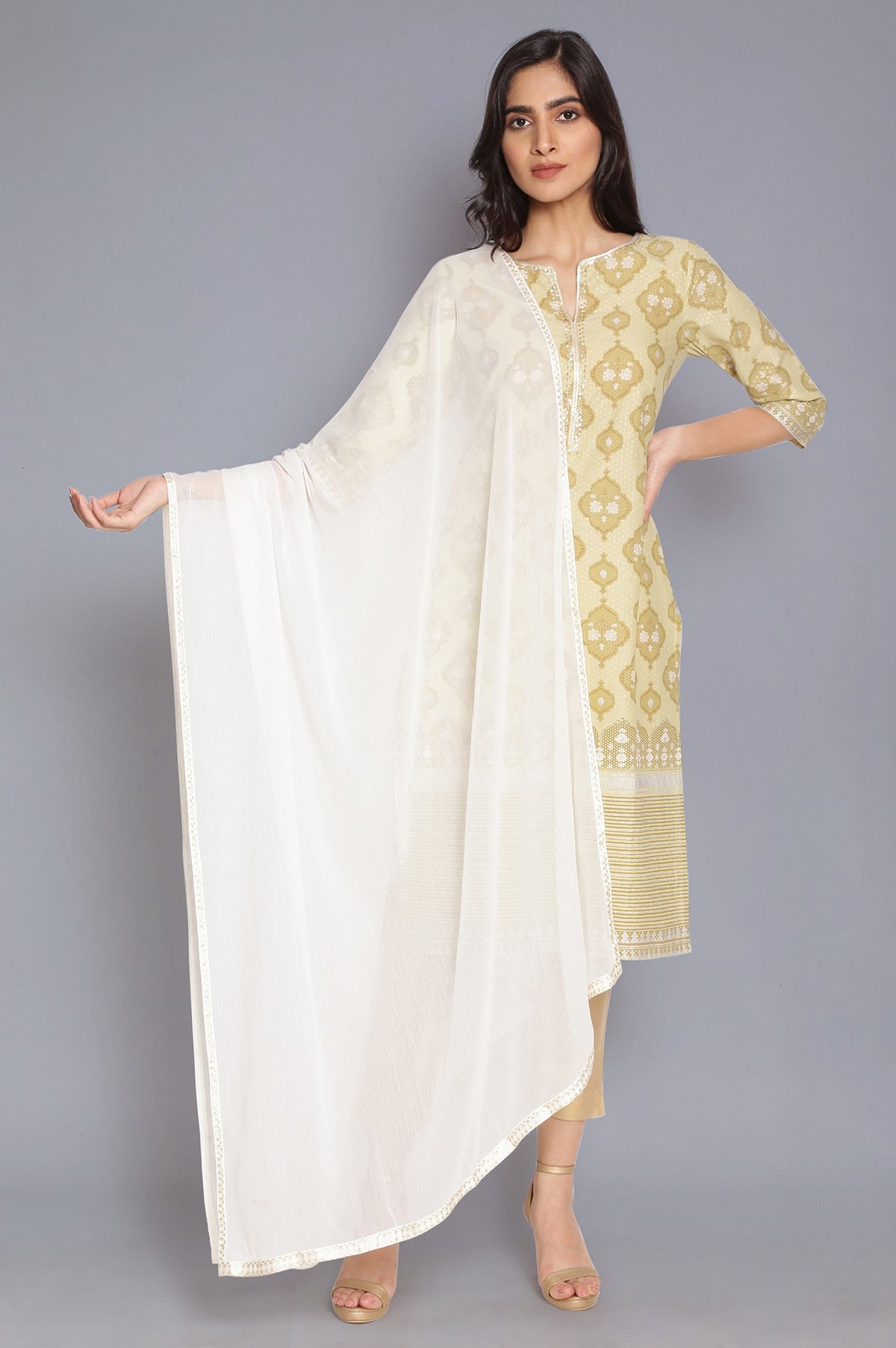 White Solid Printed Gold Border Chiffon Dupatta - FS