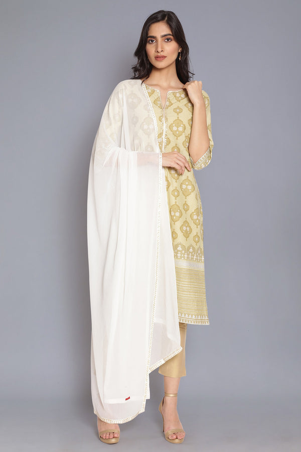 White Solid Printed Gold Border Chiffon Dupatta