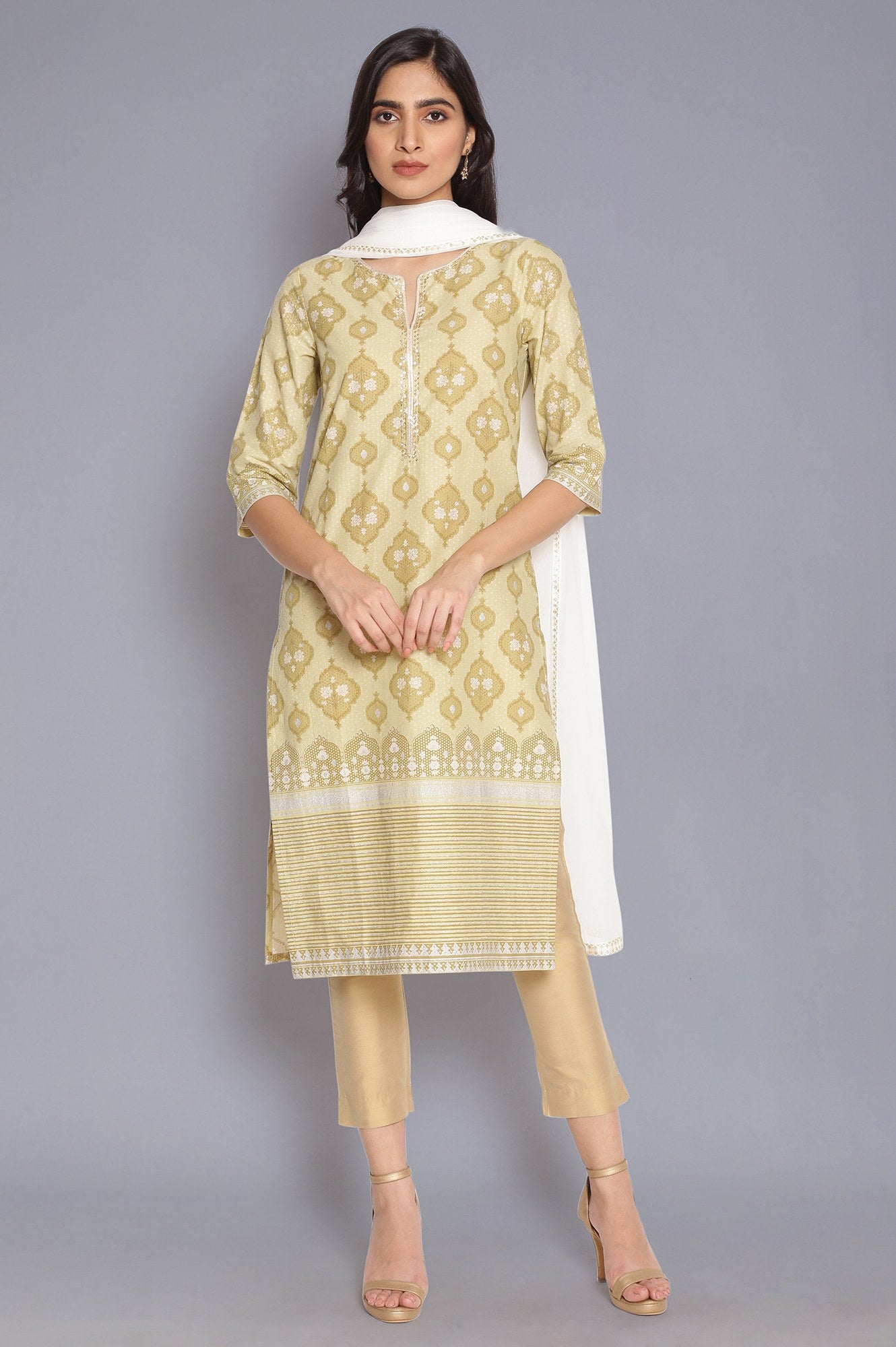 White Solid Printed Gold Border Chiffon Dupatta