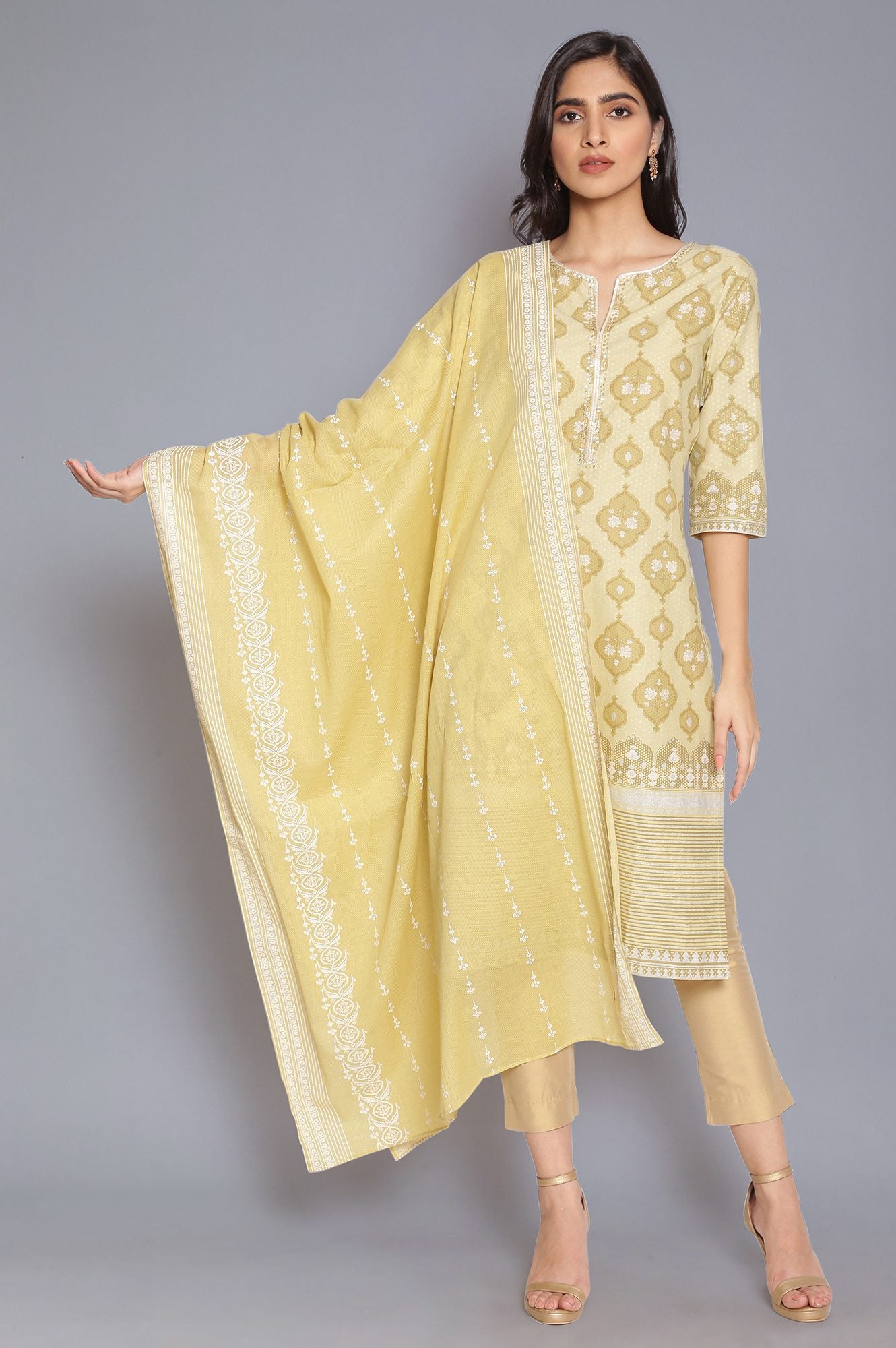 Yellow and Ecru Printed Dupatta
