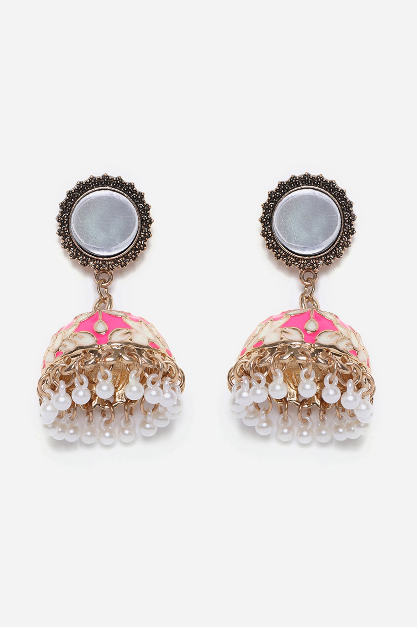 Pink Enamelled Jhumki with Pearls