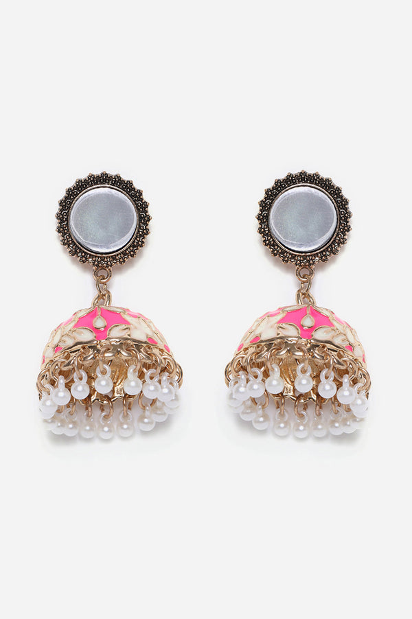 Pink Enamelled Jhumki with Pearls