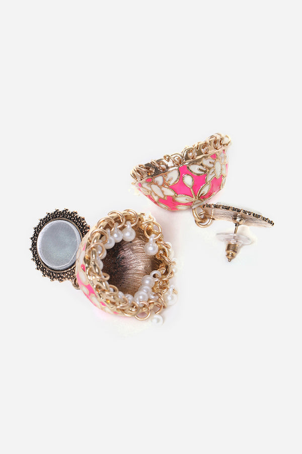 Pink Enamelled Jhumki with Pearls