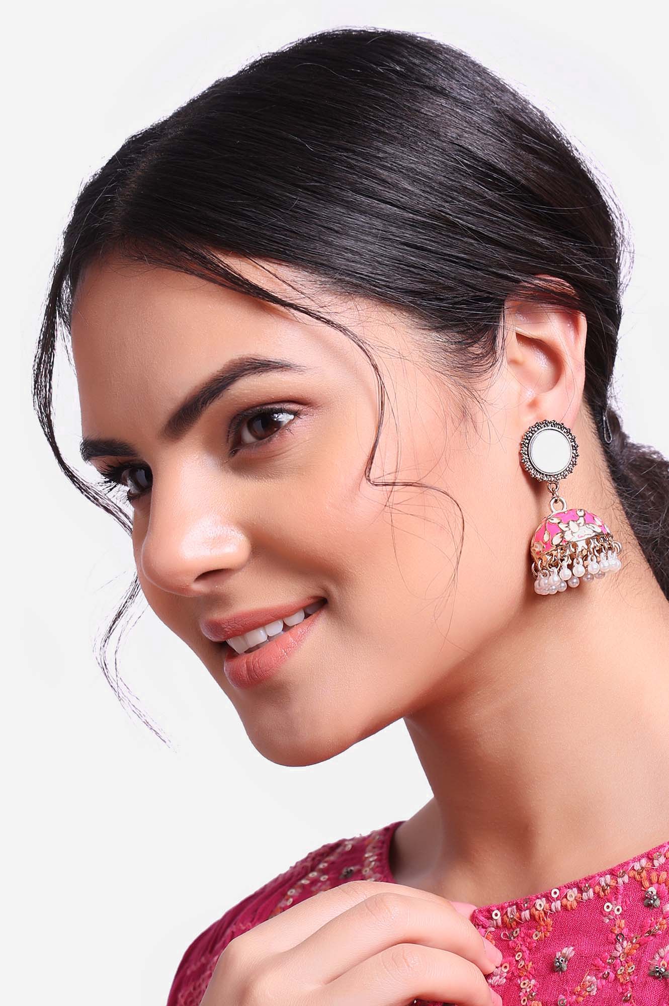 Pink Enamelled Jhumki with Pearls