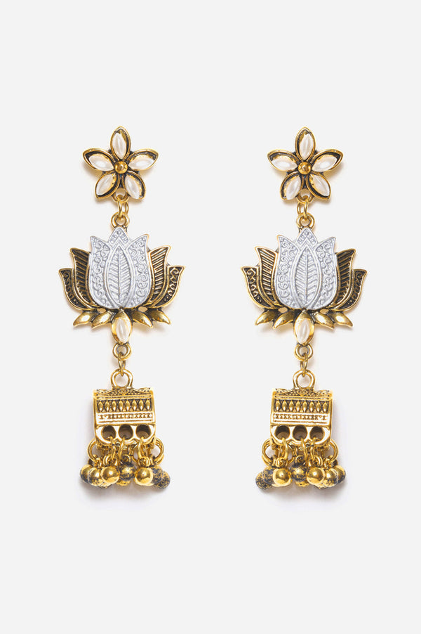 Gold Oxidised Lotus Motif Jhumki Danglers