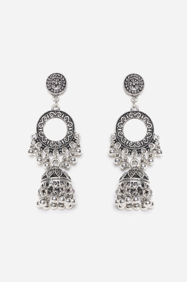 Silver Ethnic Jhumkis With Mirror Work