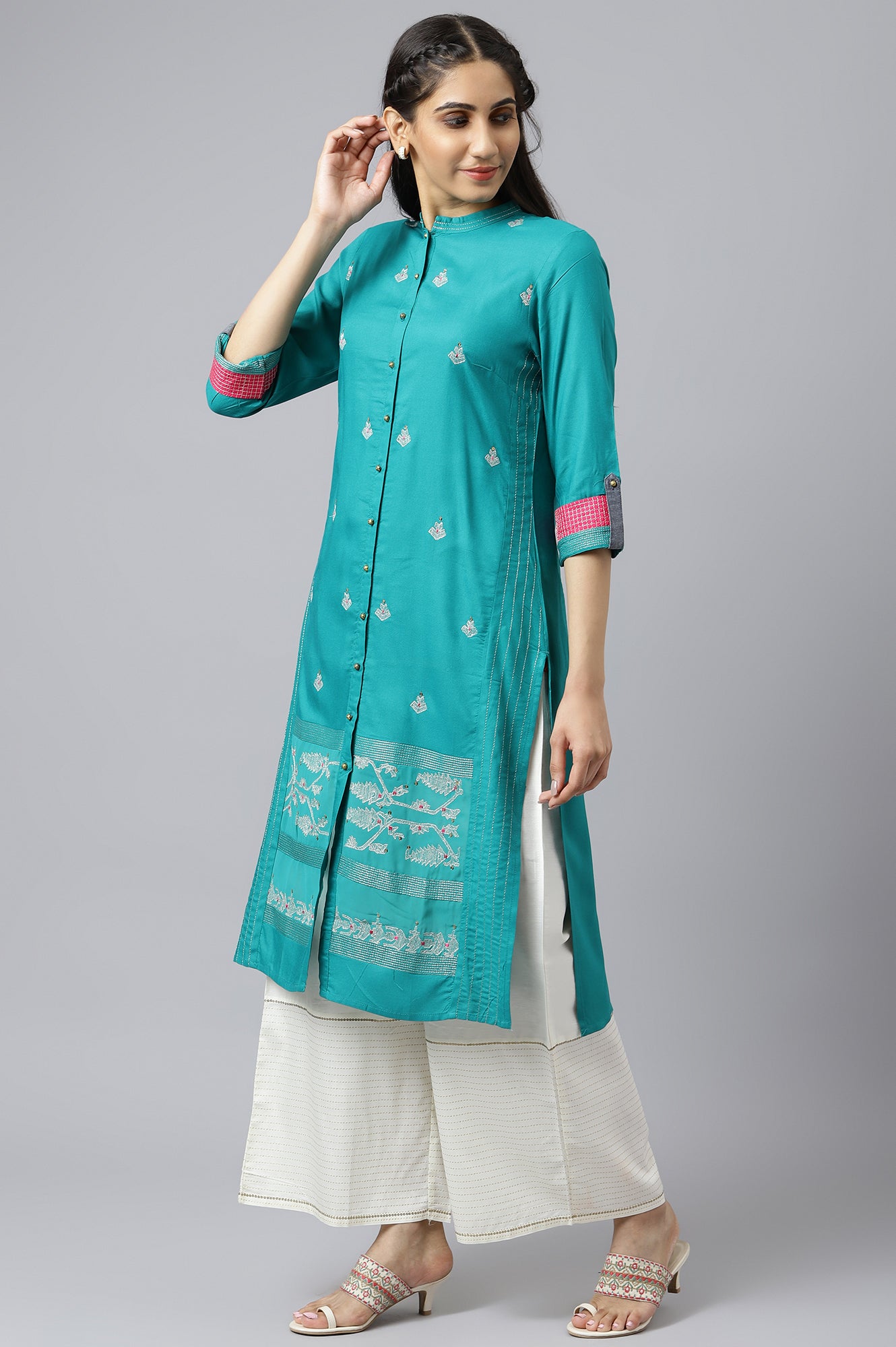Teal Embroidered Kurta Set - wforwoman