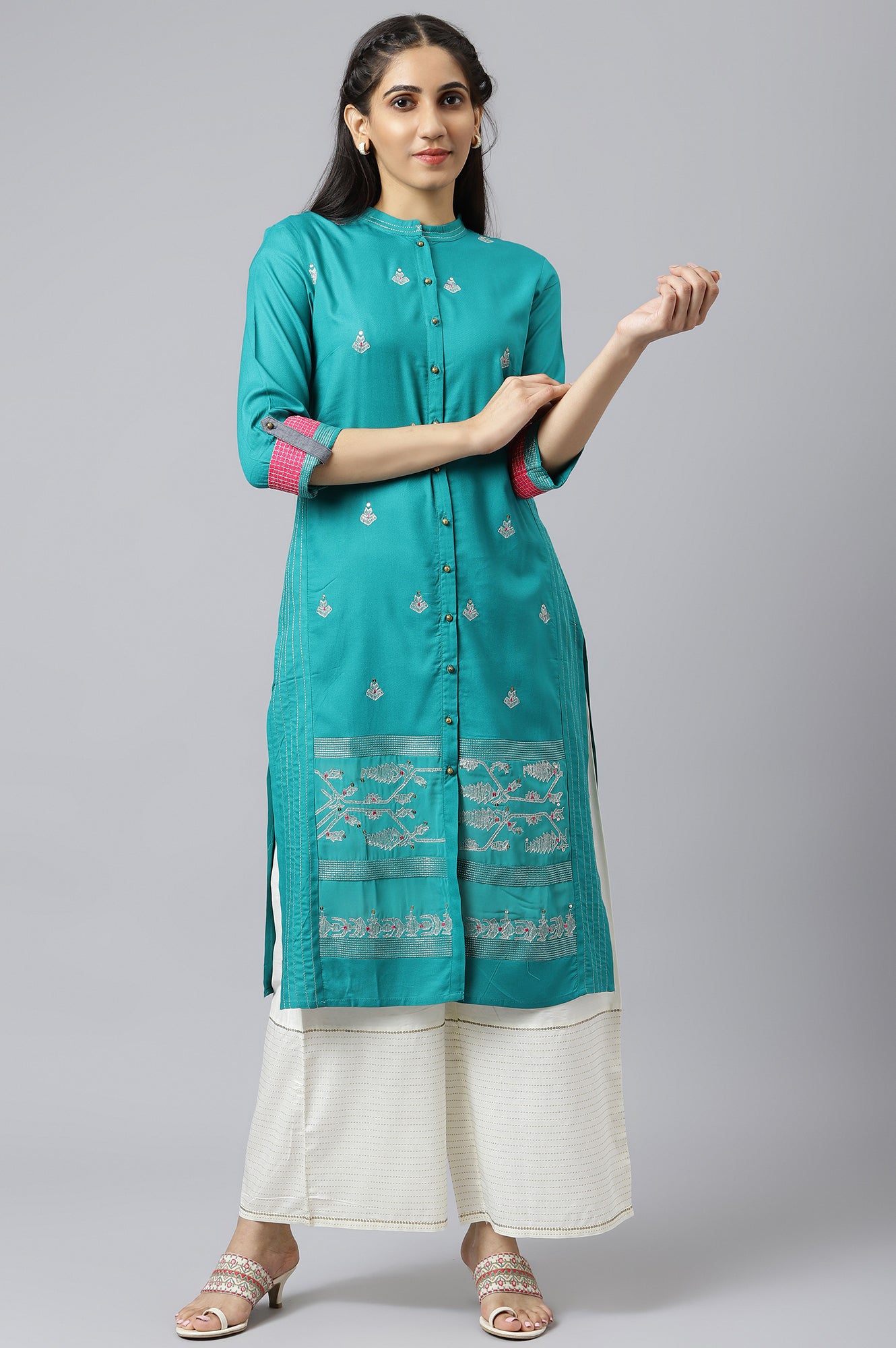Teal Embroidered Kurta Set - wforwoman