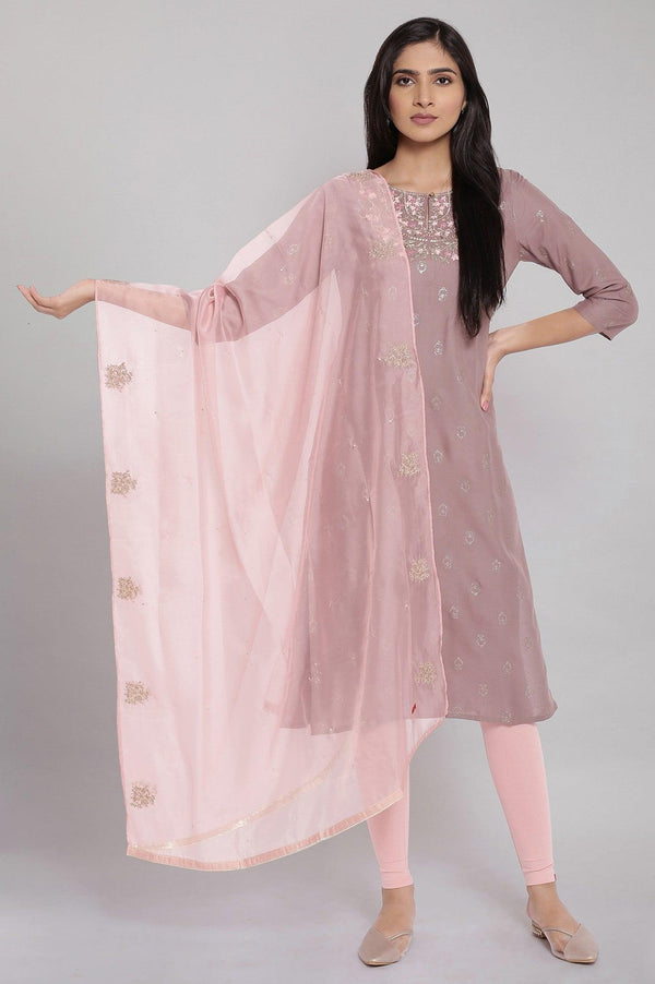 Purple Embroidered Straight kurta-Solid Tights-Dupatta Set