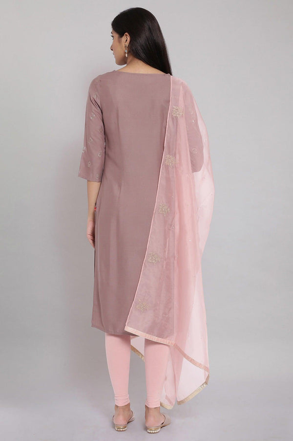 Purple Embroidered Straight kurta-Solid Tights-Dupatta Set