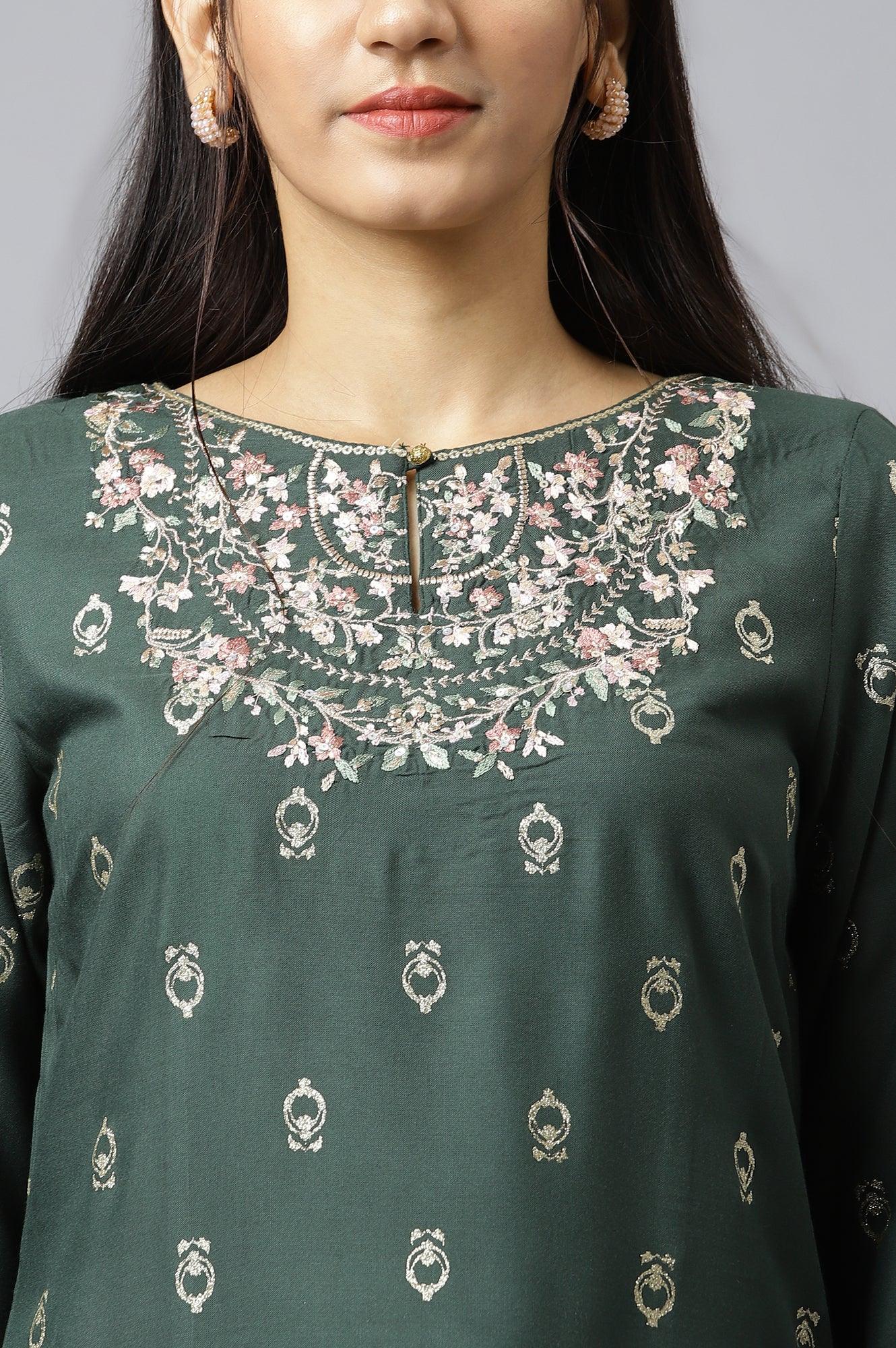 Green Embroidered Straight kurta-Solid Tights-Dupatta Set - wforwoman