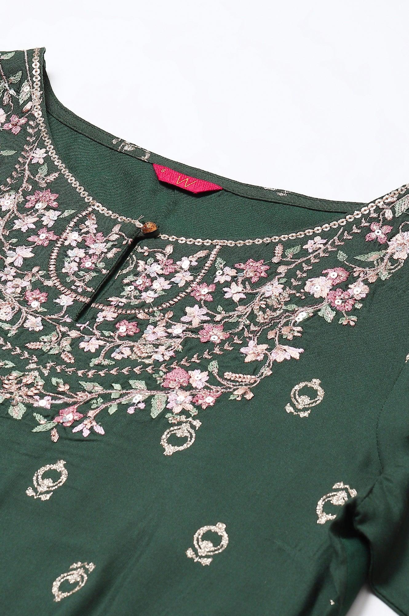 Green Embroidered Straight kurta-Solid Tights-Dupatta Set - wforwoman