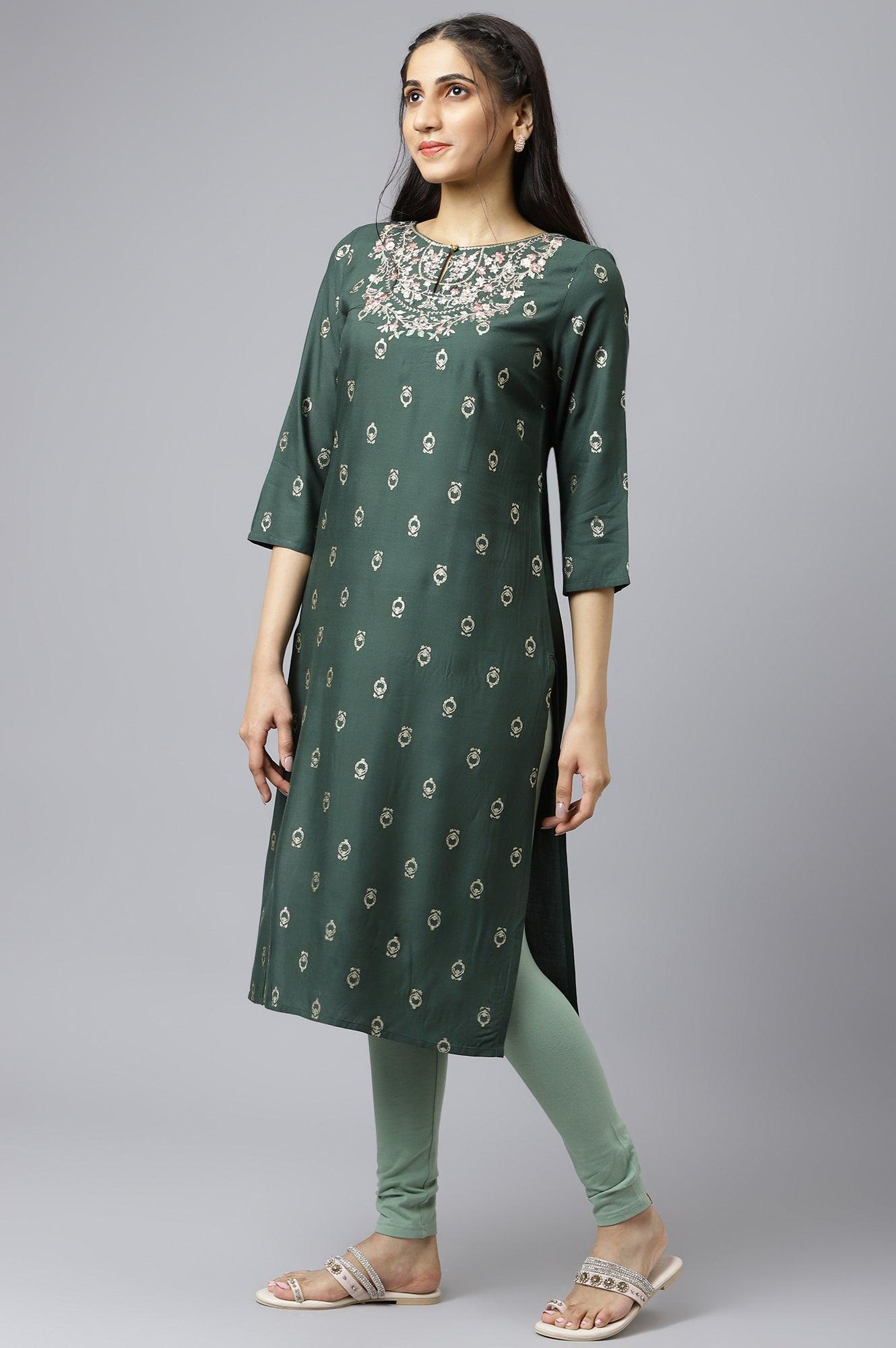 Green Embroidered Straight kurta-Solid Tights-Dupatta Set - wforwoman