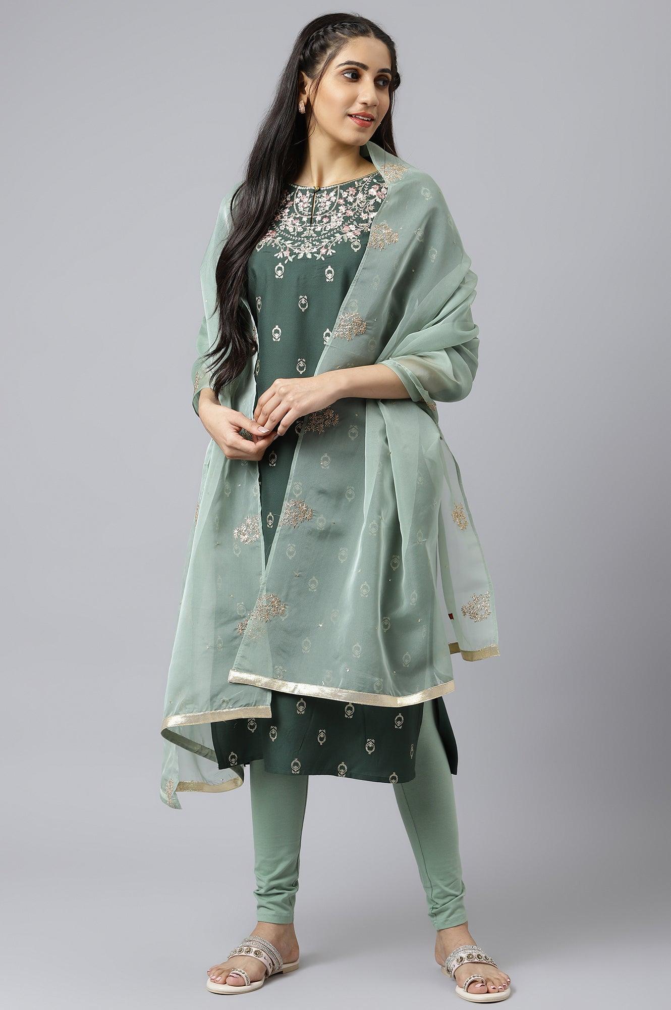Green Embroidered Straight kurta-Solid Tights-Dupatta Set - wforwoman