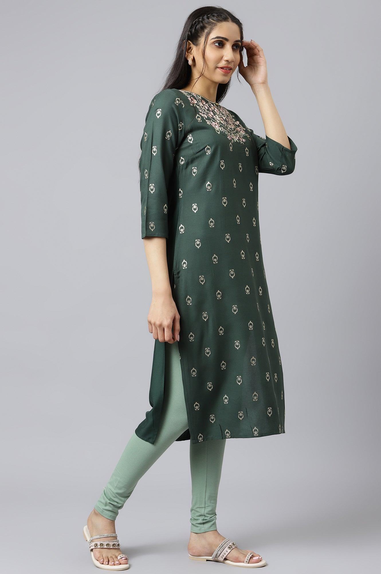 Green Embroidered Straight kurta-Solid Tights-Dupatta Set - wforwoman
