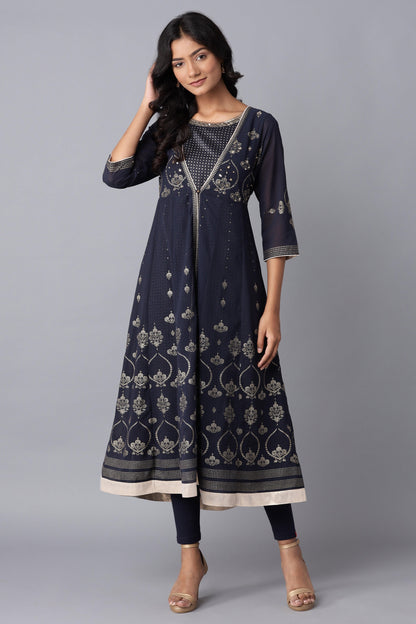 Navy Blue Layered kurta-Solid Tights Set - wforwoman