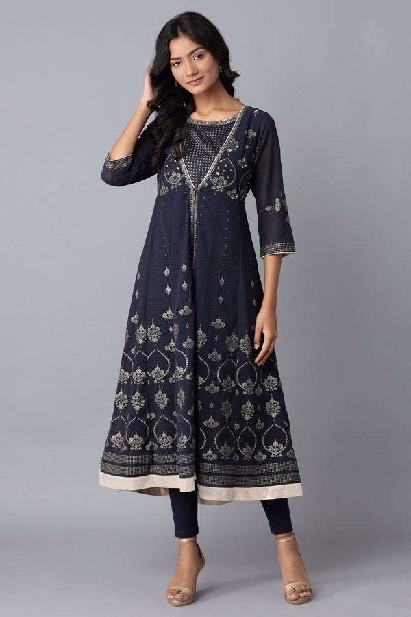 Navy Blue Layered kurta-Solid Tights Set