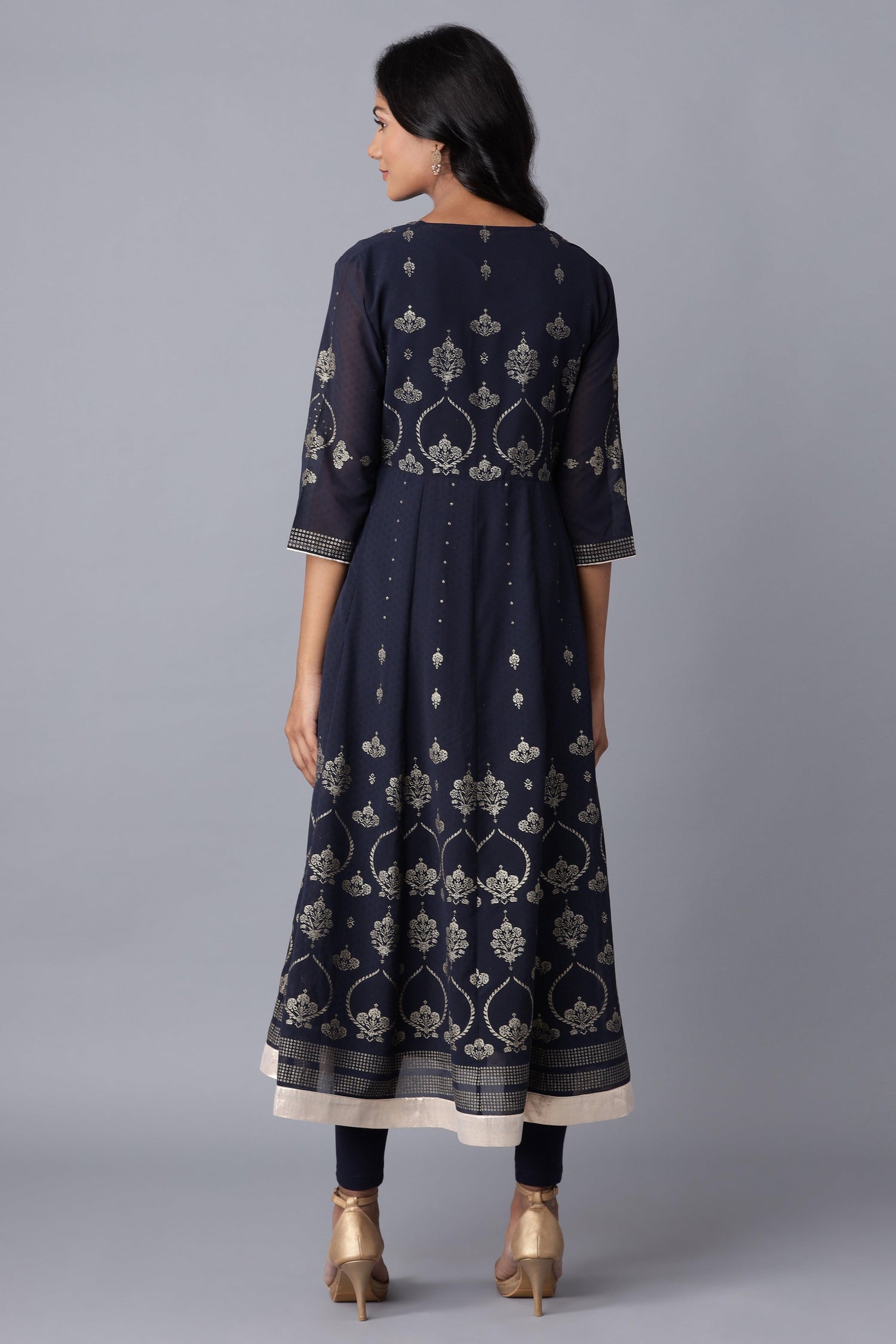 Navy Blue Layered kurta-Solid Tights Set - wforwoman