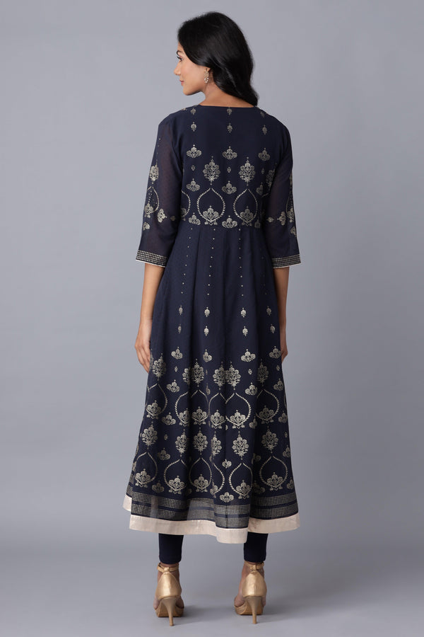 Navy Blue Layered kurta-Solid Tights Set