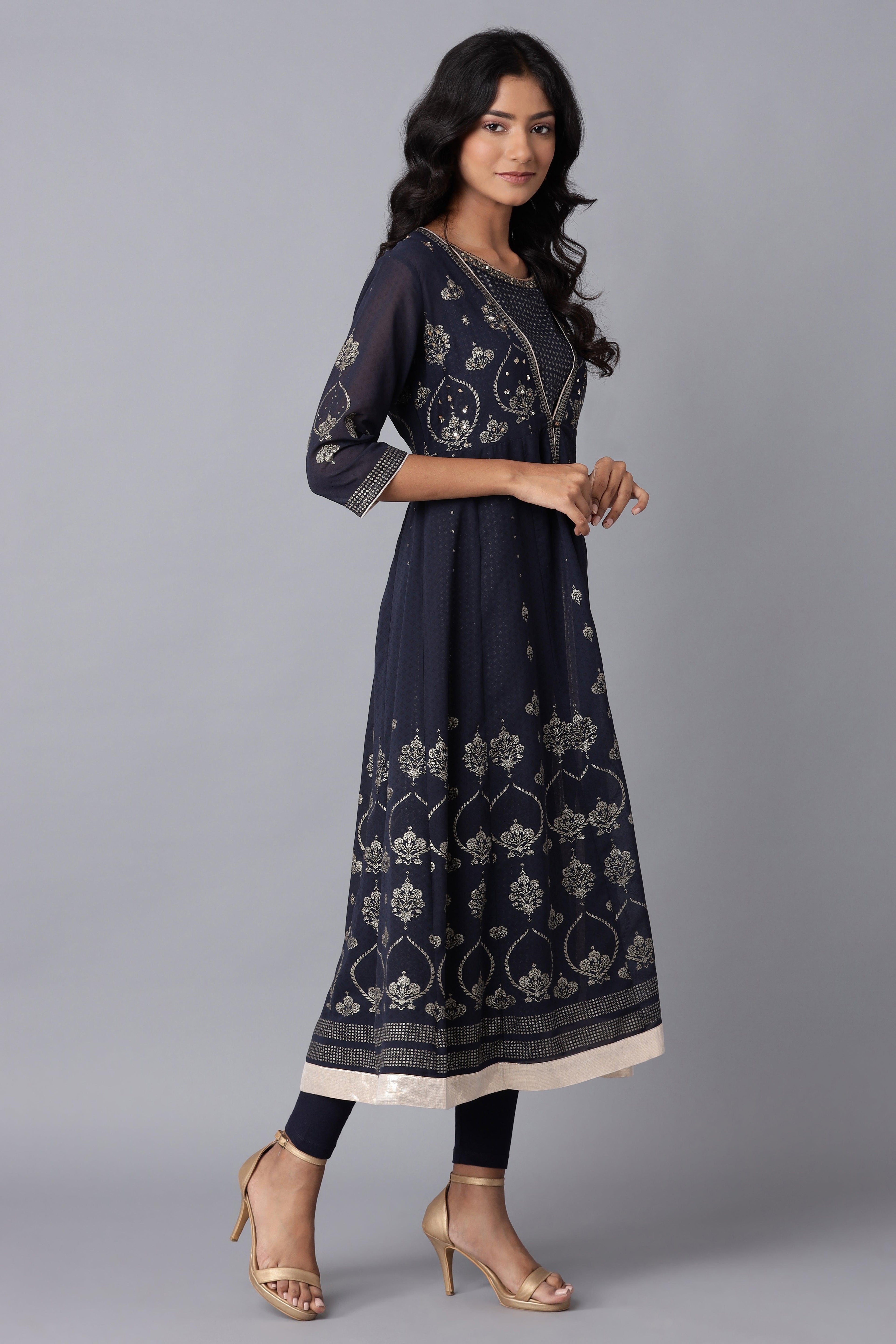Navy Blue Layered kurta-Solid Tights Set - wforwoman