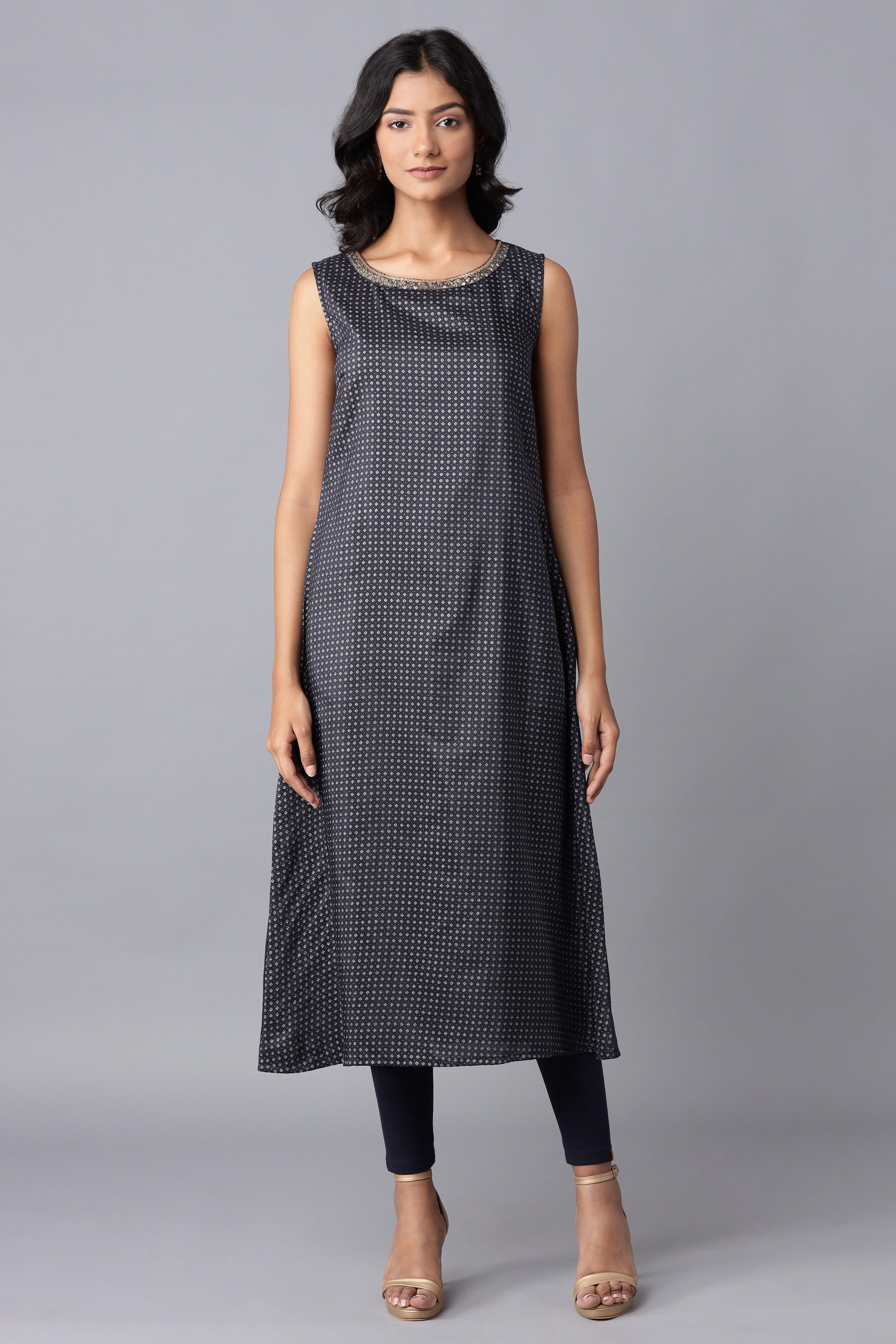 Navy Blue Layered kurta-Solid Tights Set - wforwoman