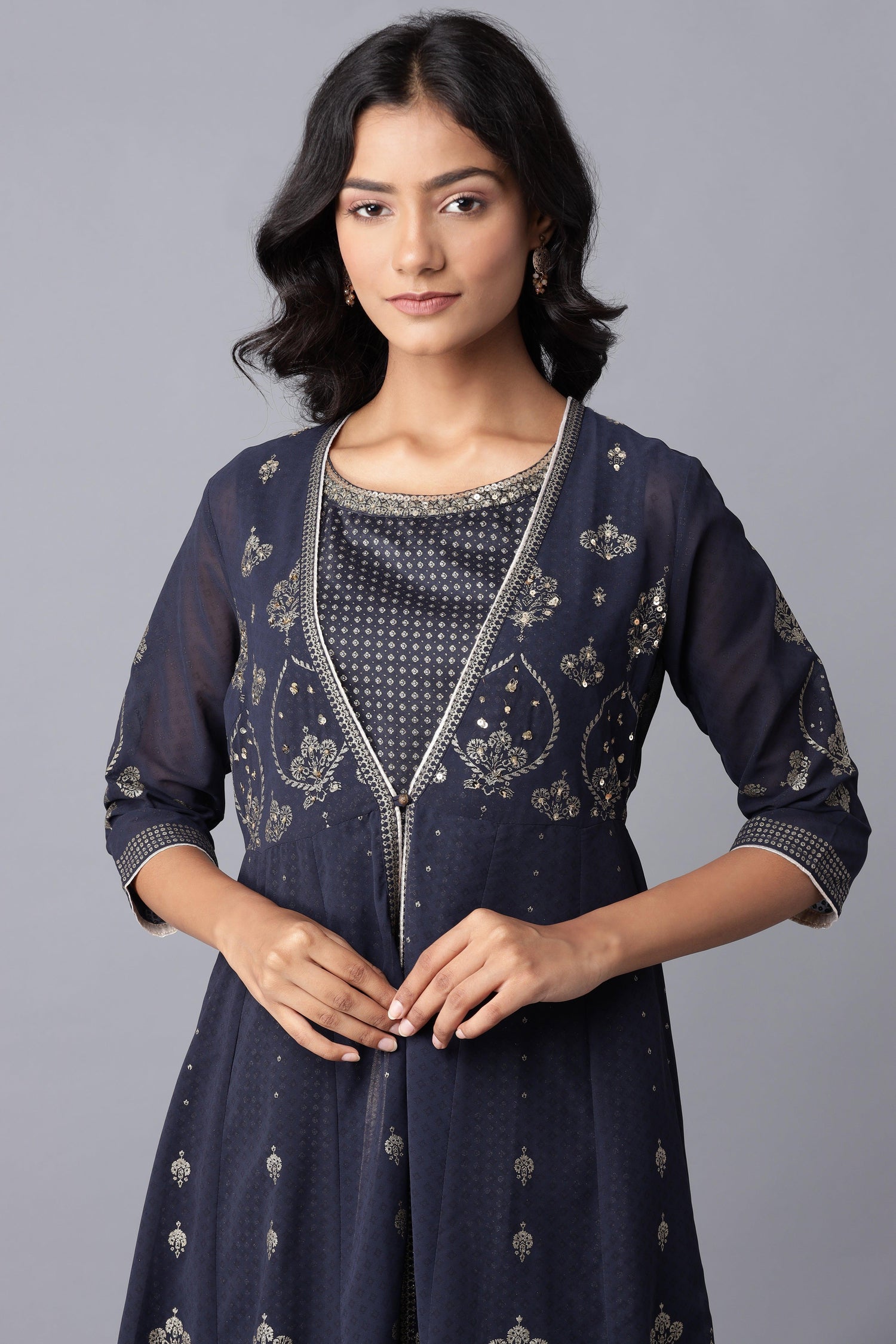 Navy Blue Layered kurta-Solid Tights Set - wforwoman