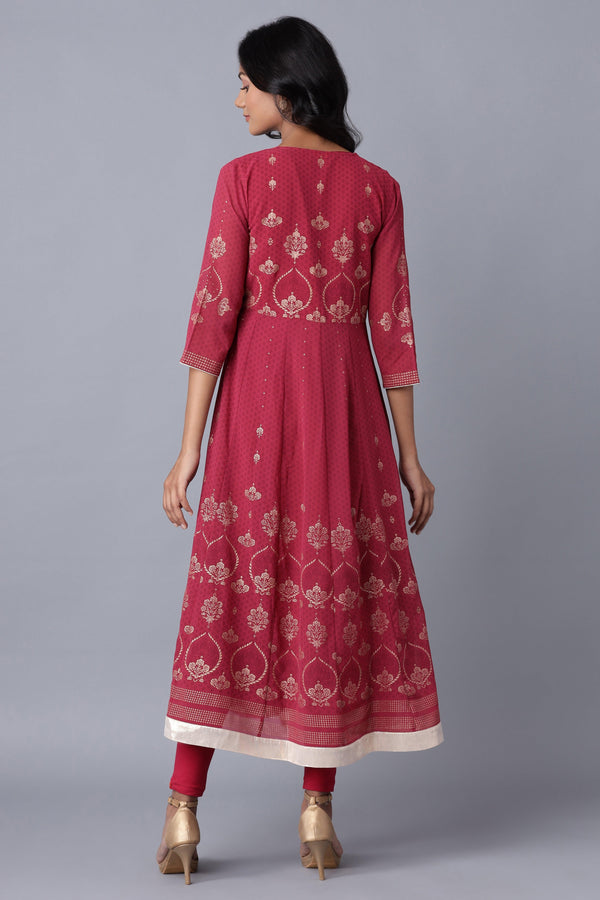 Wine Layered kurta-Solid Tights Set