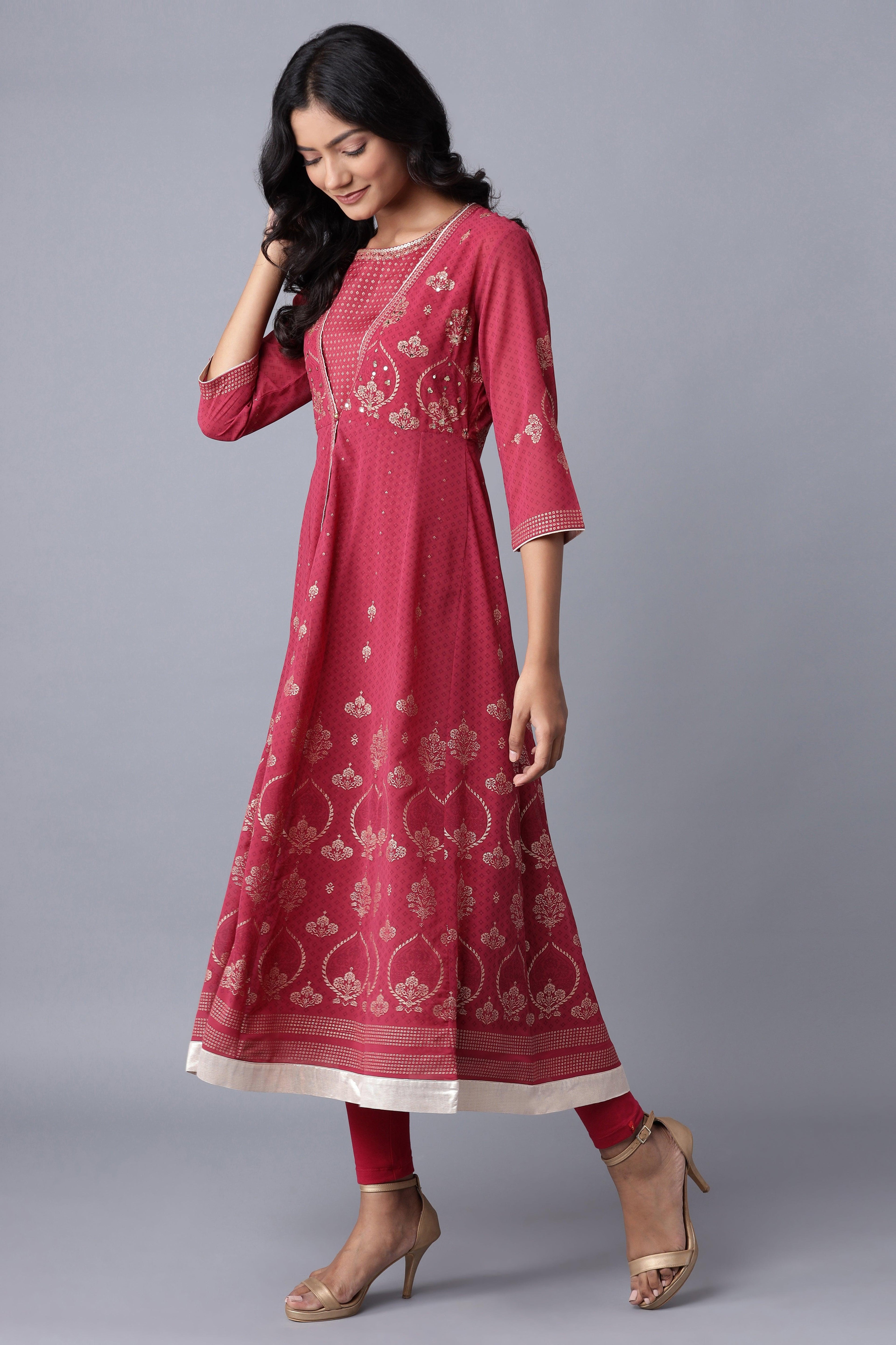 Wine Layered kurta-Solid Tights Set - wforwoman