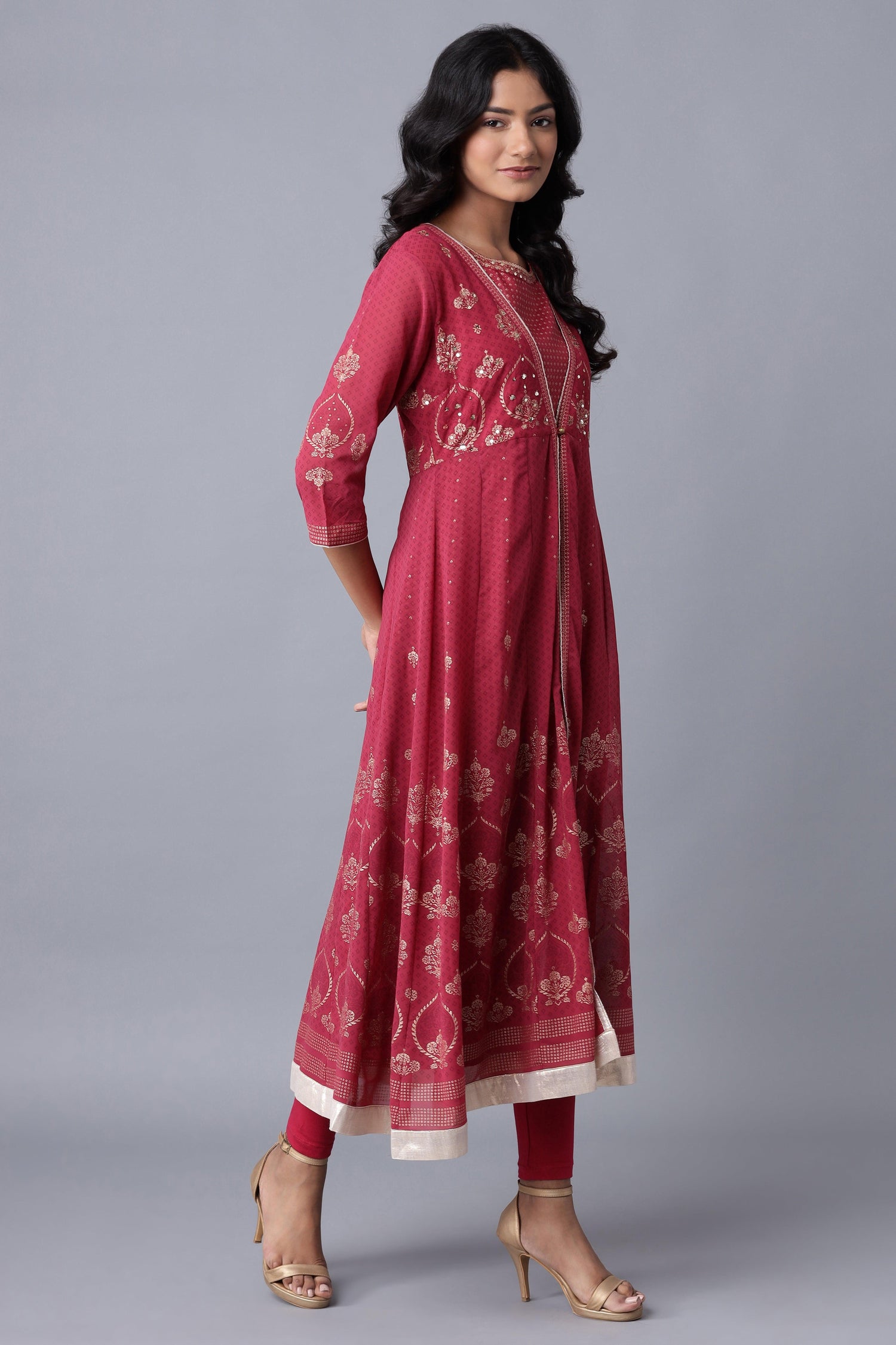 Wine Layered kurta-Solid Tights Set - wforwoman