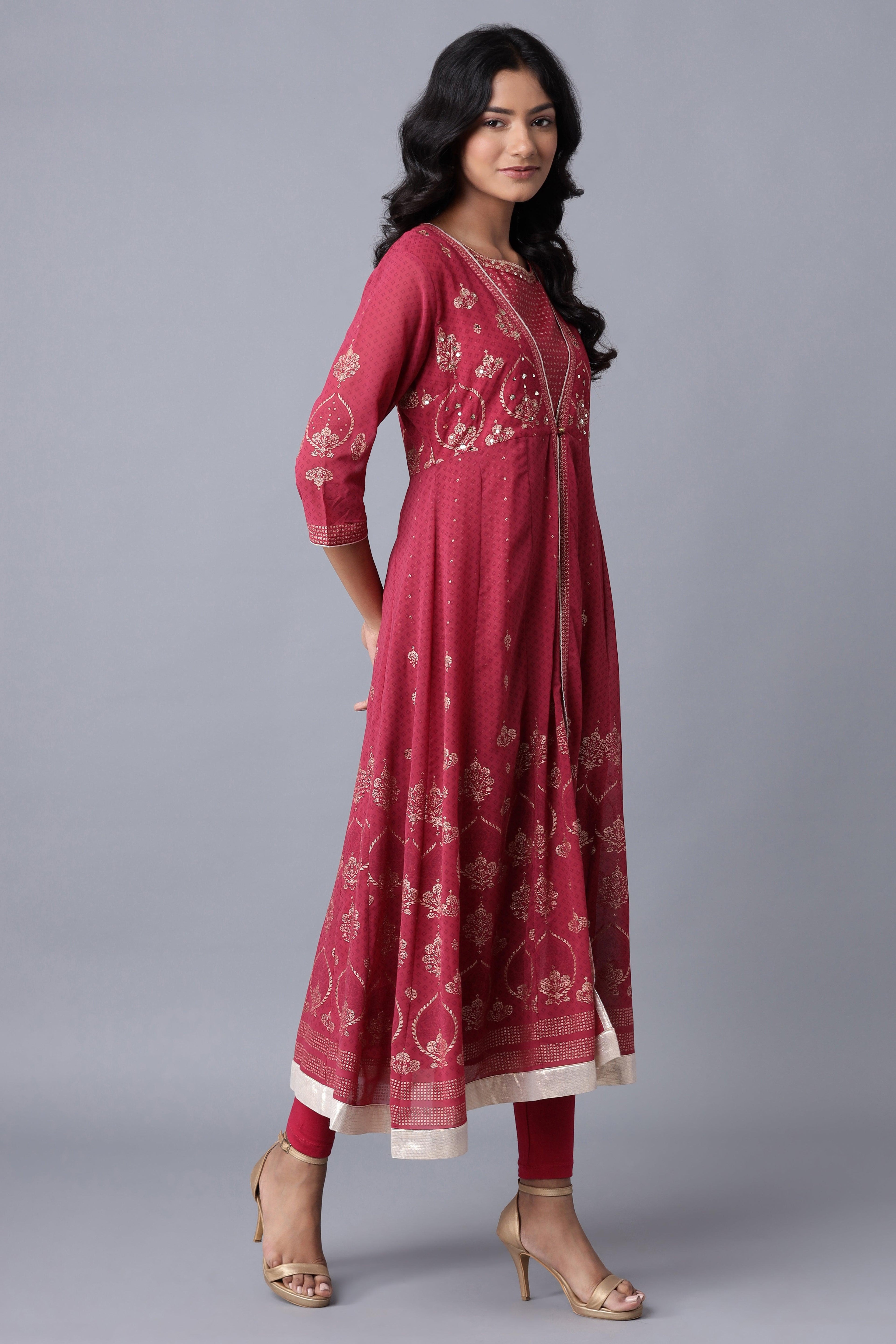 Wine Layered kurta-Solid Tights Set - wforwoman