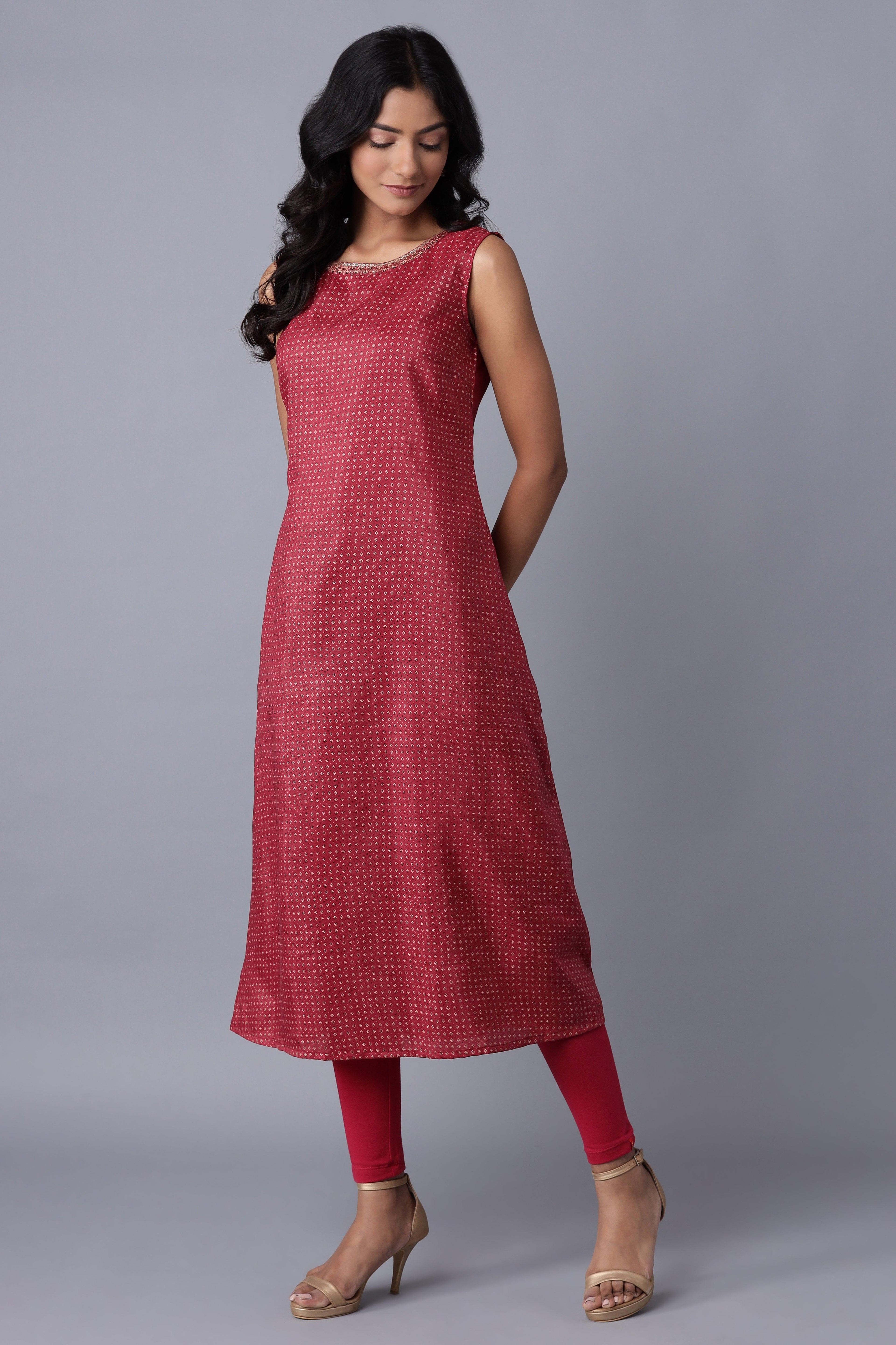 Wine Layered kurta-Solid Tights Set - wforwoman