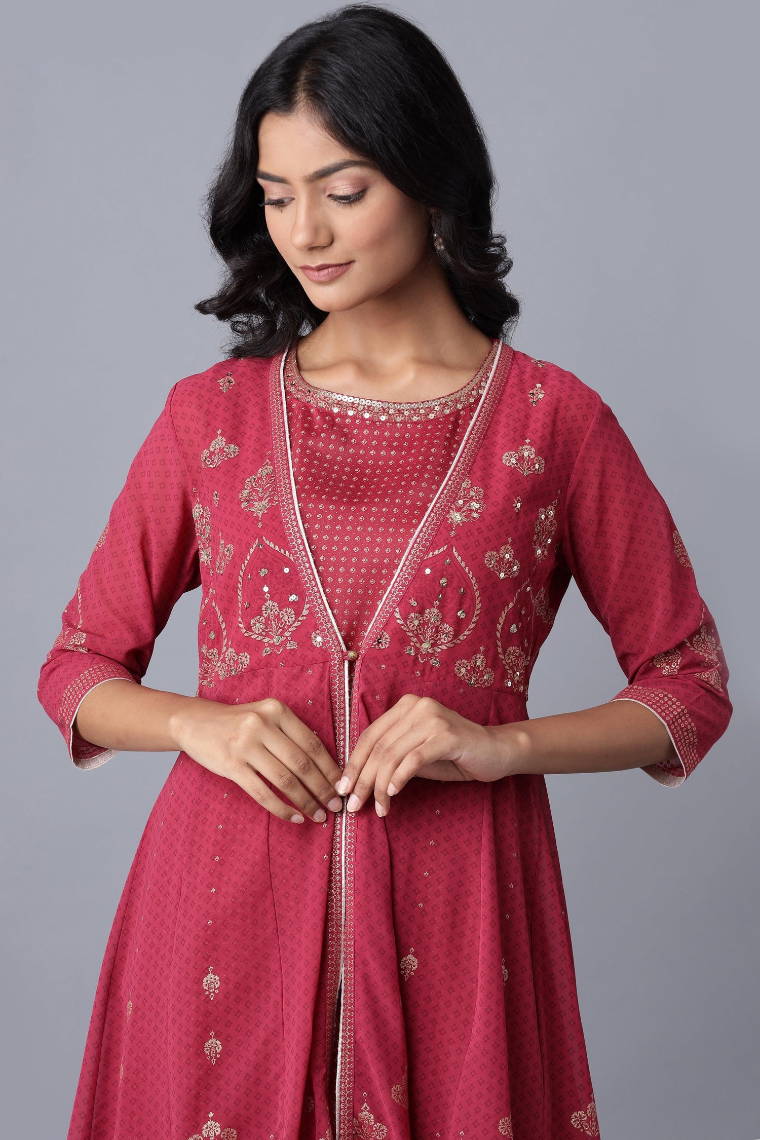 Wine Layered kurta-Solid Tights Set - wforwoman